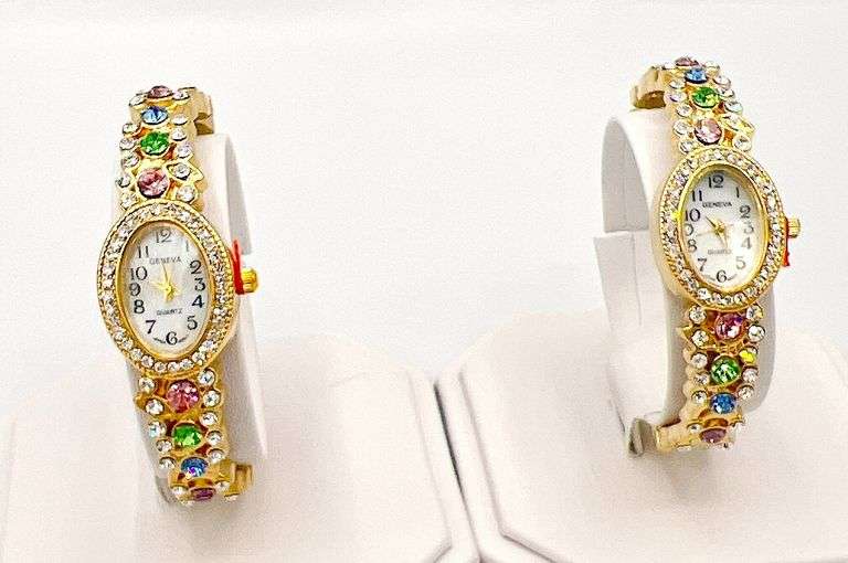 GROUP LOT OF 2x MATCHING GENEVA & GEMSTONE BANGLE BRACELET WATCHES-18KT GOLD PLATED