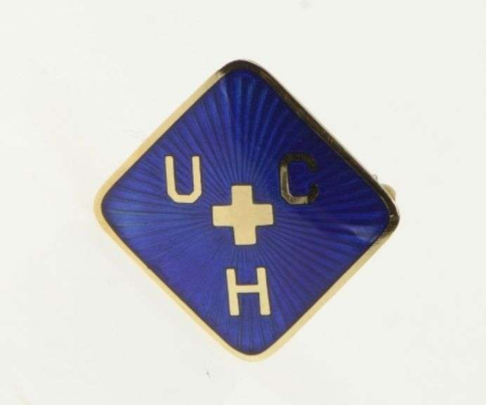 14K Yellow Gold UCH Blue Enamel Cross Vintage Lapel Pin/Brooch