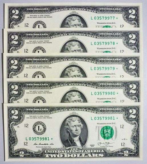 (5) Superb Crisp 2013 $2 Star Replacement Notes San Francisco-Consecutive!