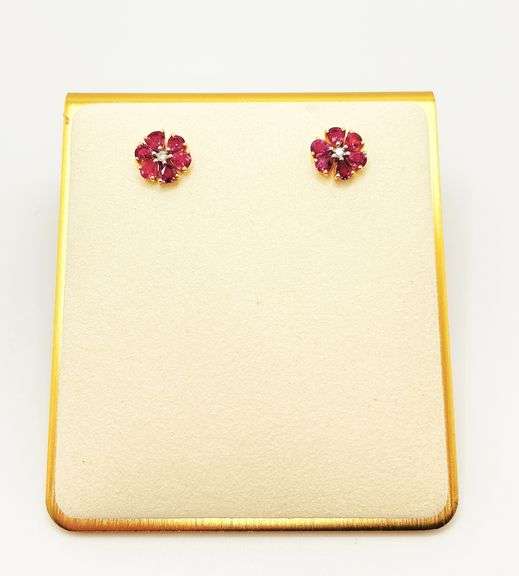 14KT SOLID YELLOW GOLD, RUBY, & DIAMOND FLOWER EARRINGS