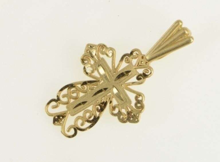 14K Yellow Gold Cross Filigree Diamond Cut Detail Faith Pendant