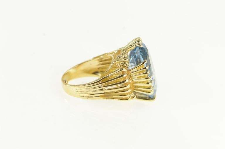 14K Yellow Gold Oval Blue Topaz Ornate Vintage Cocktail Ring