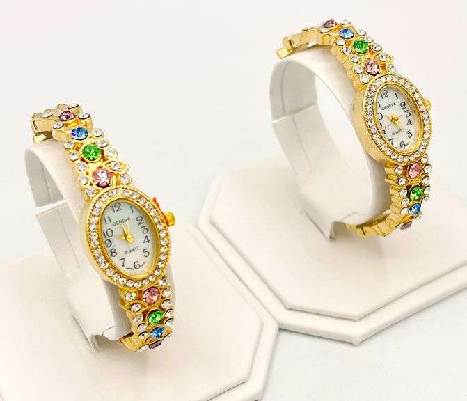 GROUP LOT OF 2x MATCHING GENEVA & GEMSTONE BANGLE BRACELET WATCHES-18KT GOLD PLATED