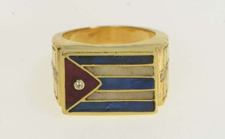 18K Yellow Gold Diamond Puerto Rico Flag Enamel Men's Ring