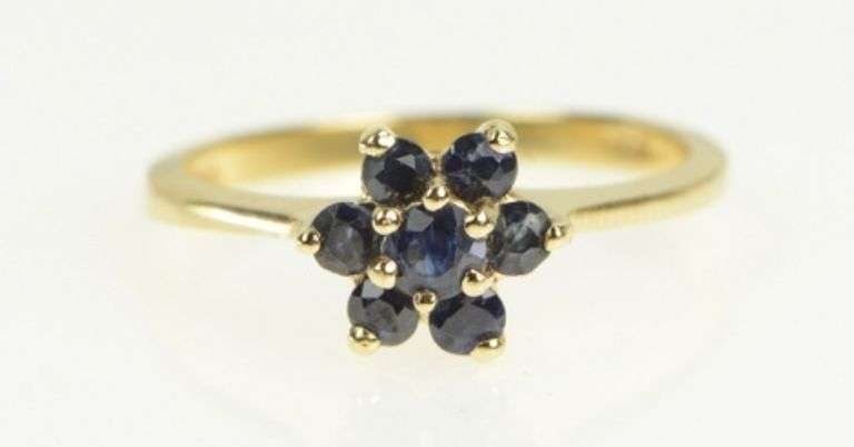 14K Yellow Gold Round Sapphire Flower Cluster Statement Ring