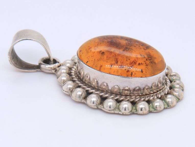 Vintage 925 Sterling Silver Mexico Amber Pendant