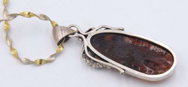 925 Sterling Silver Large Amber Pendant on Italian 2 Tone Rope Chain