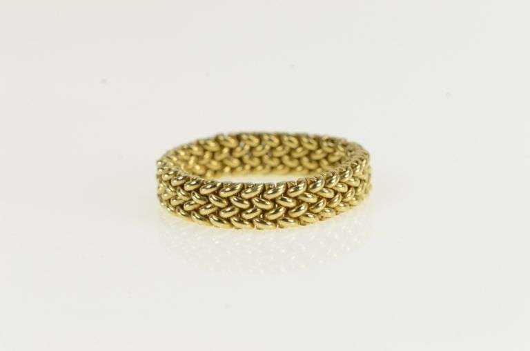 14K Yellow Gold Mesh Chain Vintage Unique Statement Band Ring
