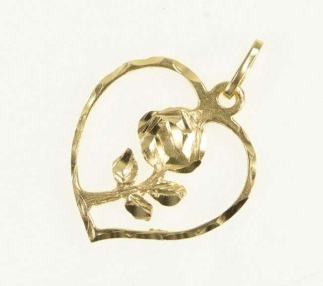 14K Yellow Gold Diamond Cut Heart Rose Flower Romantic Charm/Pendant