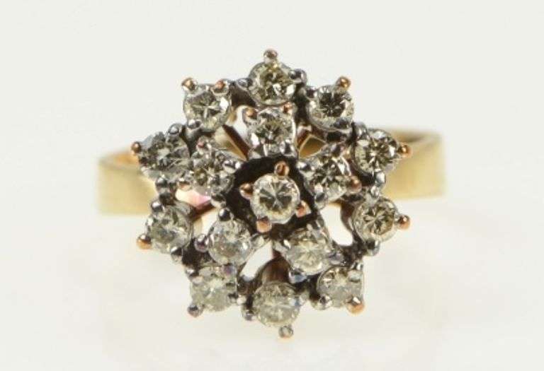 10K Yellow Gold 1960's 0.65 Ctw Diamond Cluster Cocktail Ring