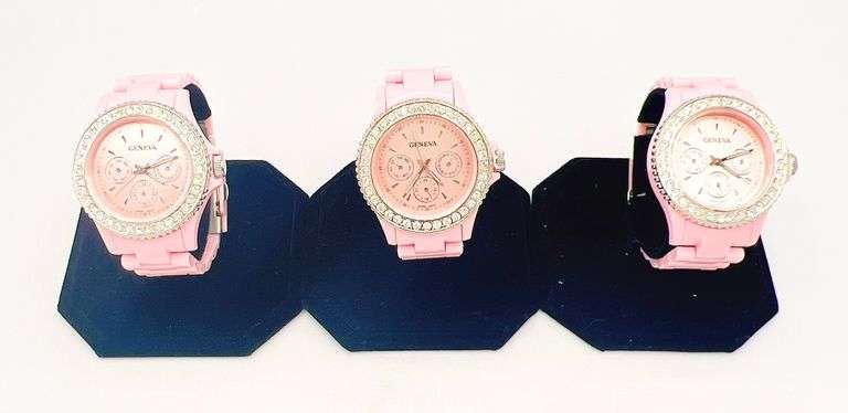 GROUP LOT OF 3x FANCY PINK GENEVA & GEMSTONE WATCHES- BRAND NEW! 40MM CASE. WATERPROOF