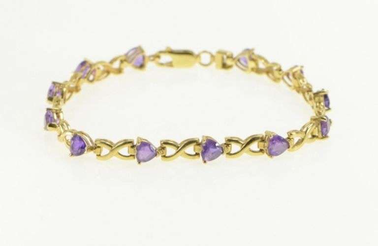 14K Yellow Gold Heart Amethyst Love Symbol Vintage Tennis Bracelet