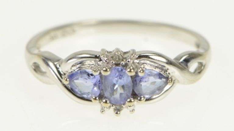 10K White Gold Tanzanite Three Stone Diamond Accent Vintage Ring