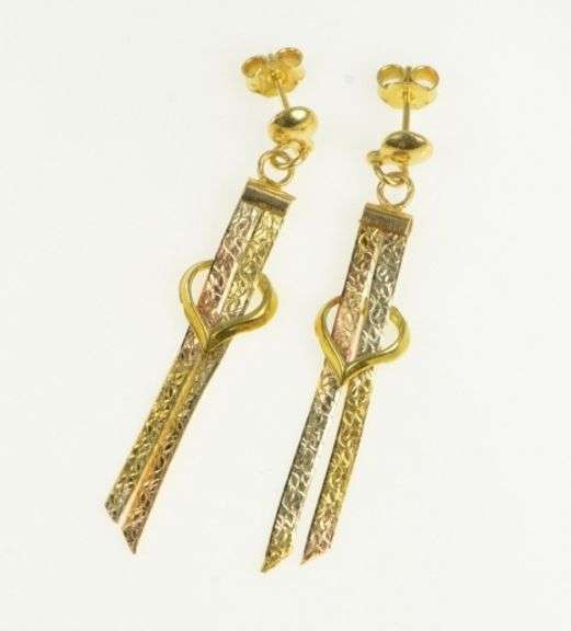 18K Yellow Gold Patterned Chain Bow Heart Dangle Fringe Earrings