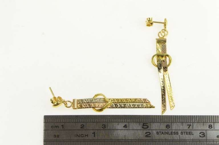 18K Yellow Gold Patterned Chain Bow Heart Dangle Fringe Earrings