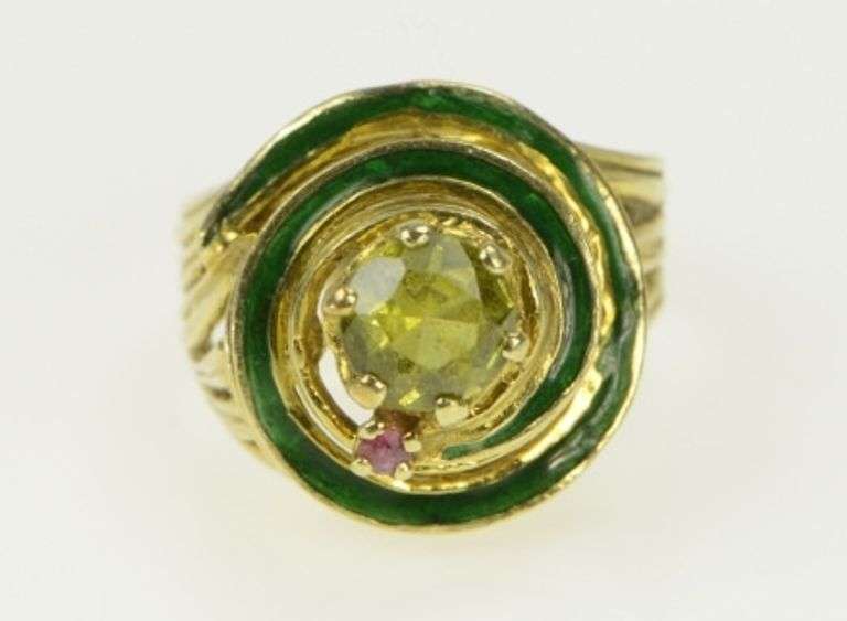 14K Yellow Gold Peridot Ruby Enamel Swirl Domed Cocktail Ring