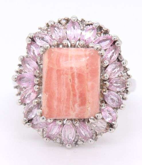 Sterling Silver Beautiful Pink Agate With Pink Sapphires Halo Ring