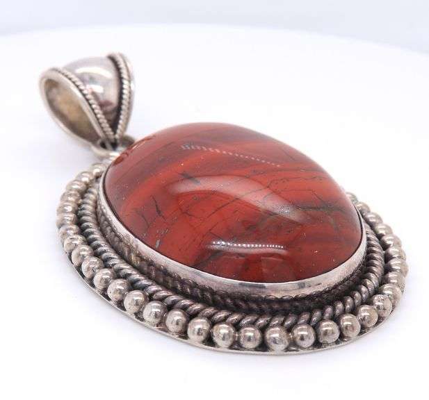 Large 925 Sterling Silver Gemstone Pendant with Beaded Edge