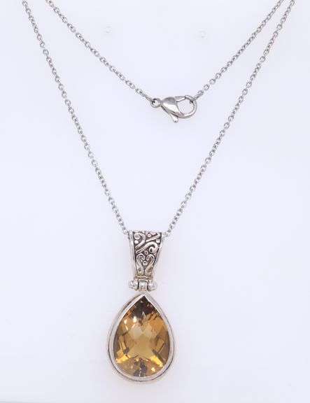 Vintage 925 Sterling Silver Pear Shaped Citrine Pendant on Chain