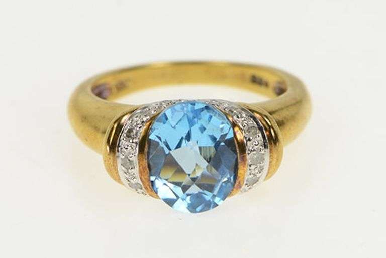 10K Yellow Gold Blue Topaz Diamond Split Design Statement Ring