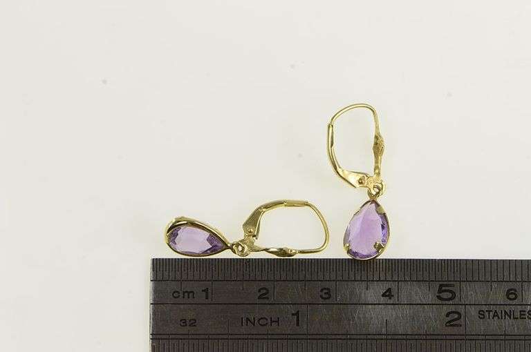 14K Yellow Gold Pear Faceted Amethyst Vintage Dangle Earrings