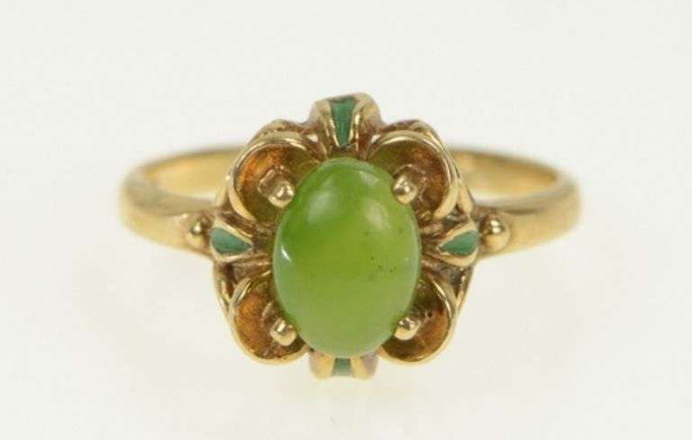 10K Yellow Gold Nephrite Green Enamel Vintage Statement Ring