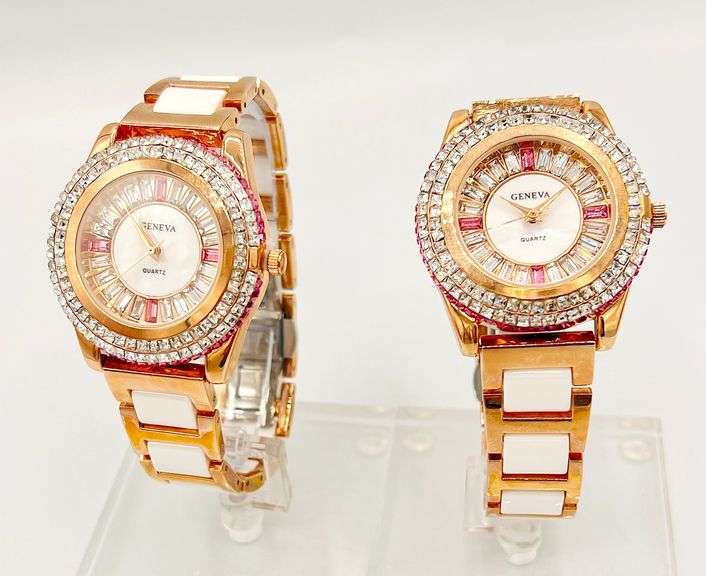 GROUP LOT OF 2x MATCHING CERAMIC & GEMSTONE WATCHES