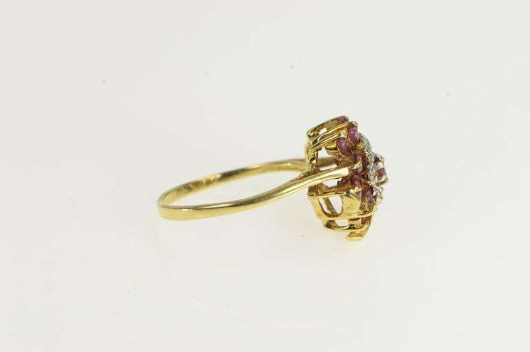 14K Yellow Gold Diamond Ruby Ornate Flower Cluster Vintage Ring