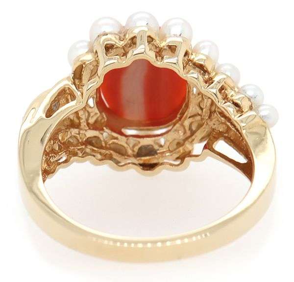 Oval Coral Seeded Pearl and Diamond Accent Frame Ring in 14K