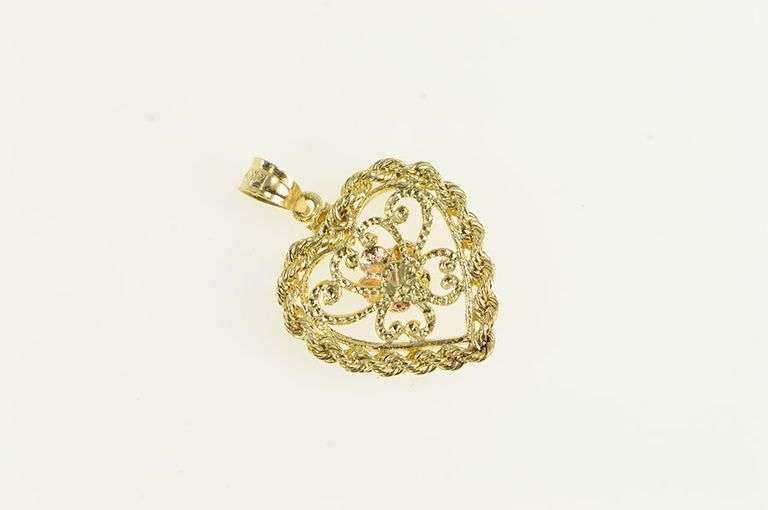 14K Yellow Gold Rose Flower Heart Romantic Love Filigree Charm/Pendant