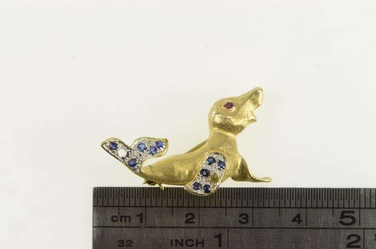 14K Yellow Gold Sapphire Inset Seal Sea Lion Animal Pin/Brooch