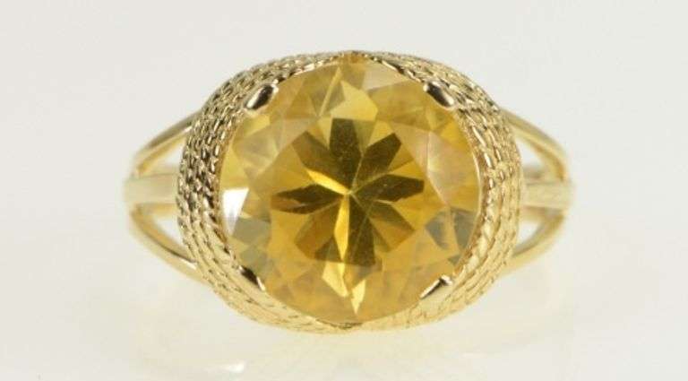 14K Yellow Gold 1960's Round Citrine Rope Vintage Cocktail Ring