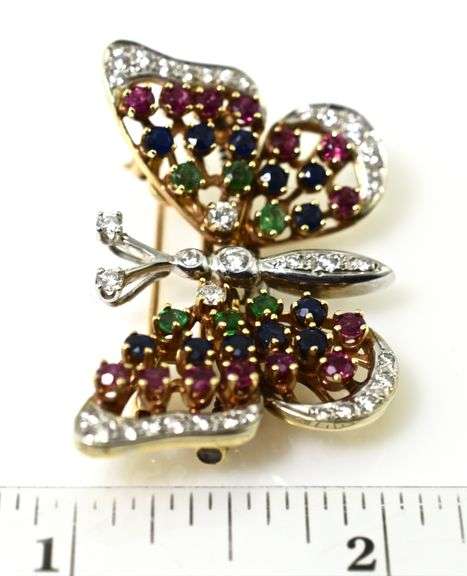 Fabulous Bejeweled 14K En Tremblant Butterfly Brooch