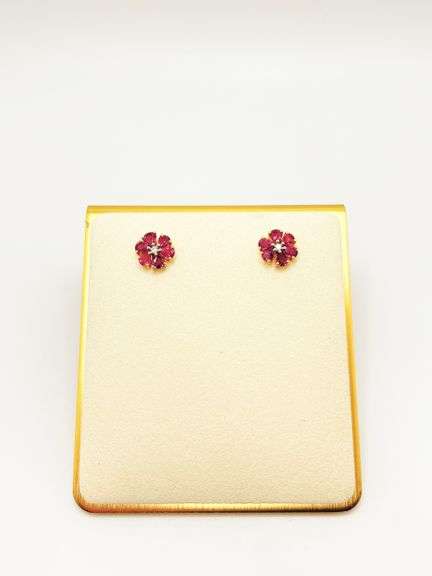 14KT YELLOW GOLD, RUBY, & DIAMOND FLOWER EARRINGS