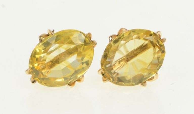 14K Yellow Gold Oval Citrine 1950's Ornate Solitaire Stud Earrings