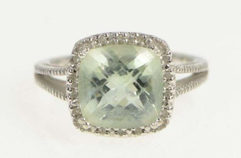 10K White Gold Cushion Prasiolite Diamond Halo Statement Ring