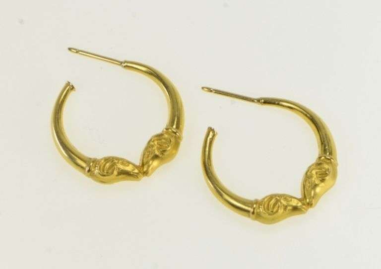 18K Yellow Gold Aries Zodiac Sign Ram Ornate Vintage Hoop Earrings