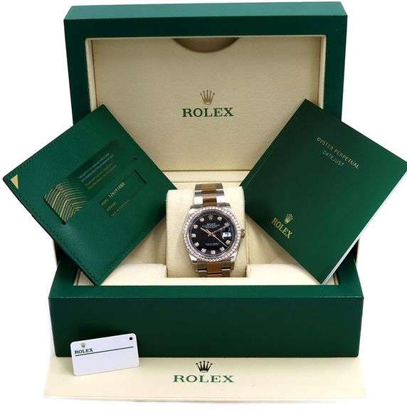 Rolex Datejust Two-Tone 126281, 36mm, Black Diamond Dial, 18K Rose Gold & Steel W/ Box