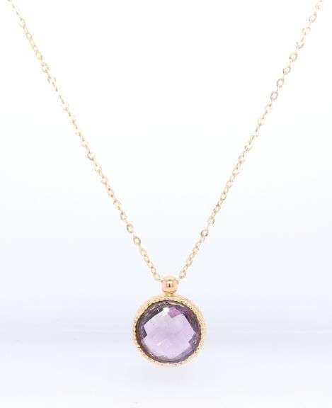Charming Yellow Gold Round Checkerd Amethyst Pendant on Chain