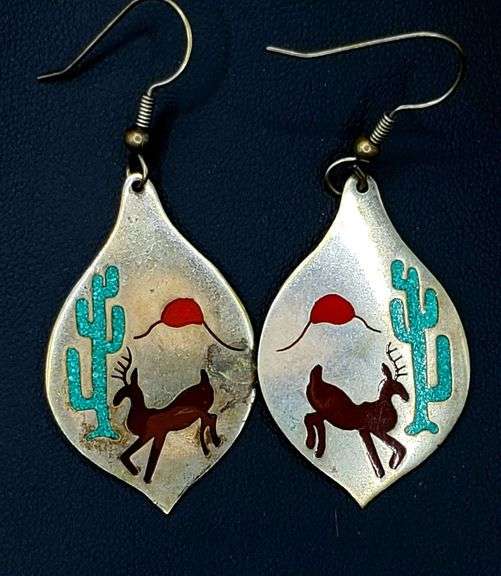 Hand Crafted Alpaca Mexico Silver Inlayed Turquoise Earrings