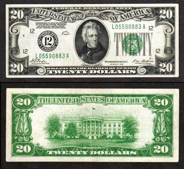 $20 1928 First year of the small size FRN Fr.2050-L Numeral Seal Very Fine+
