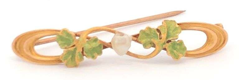 14K Yellow Gold Art Nouveau Pearl Natural Acorn Oak Enamel Pin/Brooch