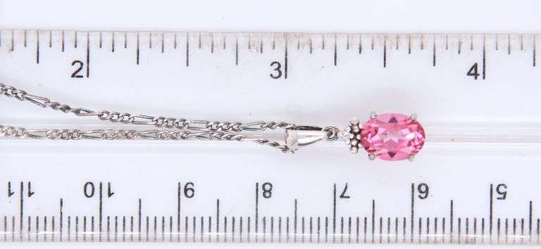 Pink Topaz Pendant on Figaro Chain Neckalce