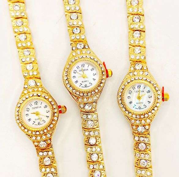 GROUP OF 3x MATCHING 18KT YELLOW GOLD PLATED & GEMSTONE WATCHES- BRAND NEW
