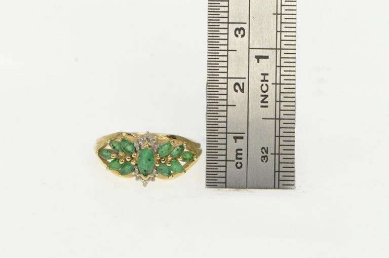 10K Yellow Gold Marquise Emerald Retro Cluster Statement Ring