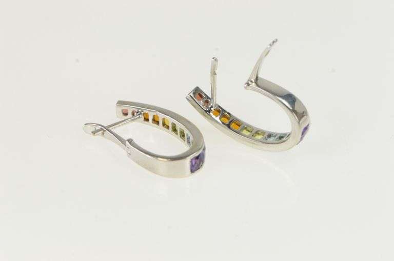 14K White Gold Rainbow Princess Oval Vintage Hoop Earrings