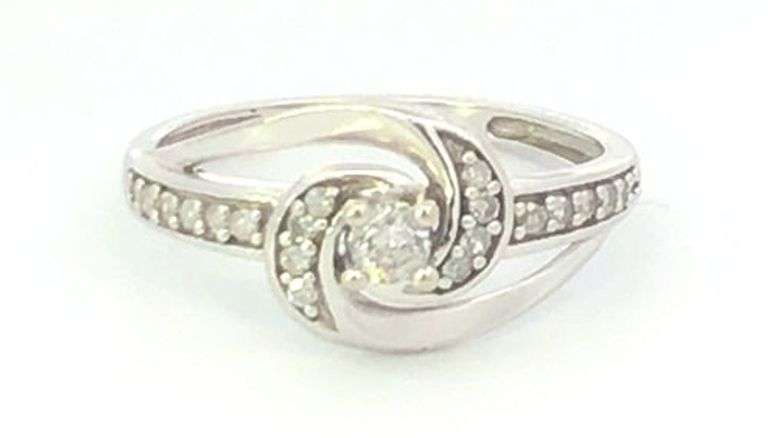 10K White Gold Diamond Swirl Design Promise Engagement Ring
