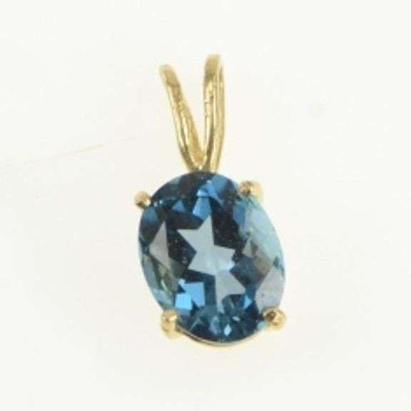 14K Yellow Gold Oval Blue Topaz Solitaire Vintage Classic Pendant