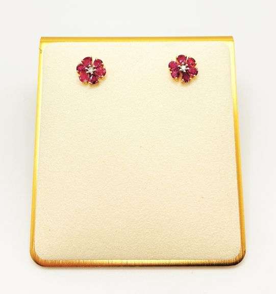 14KT SOLID YELLOW GOLD, RUBY, & DIAMOND FLOWER EARRINGS