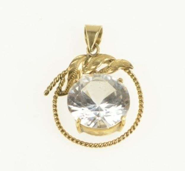 14K Yellow Gold Solitaire Rope Trim Leaf Design Statement Pendant